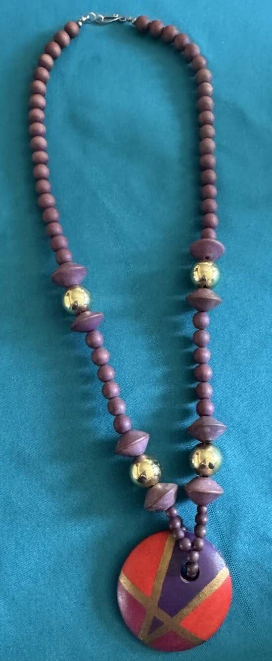Wood Beaded Necklace with Circular Pendant Boho Purple